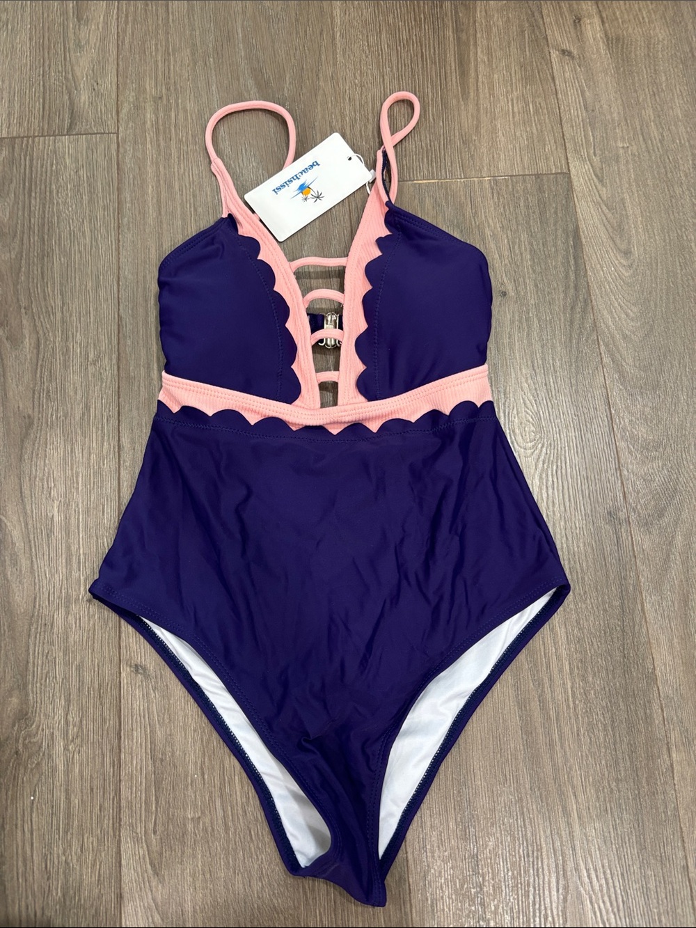 Purple One-Piece Swimsuit with Pink Scallop Trim - Beachsissi